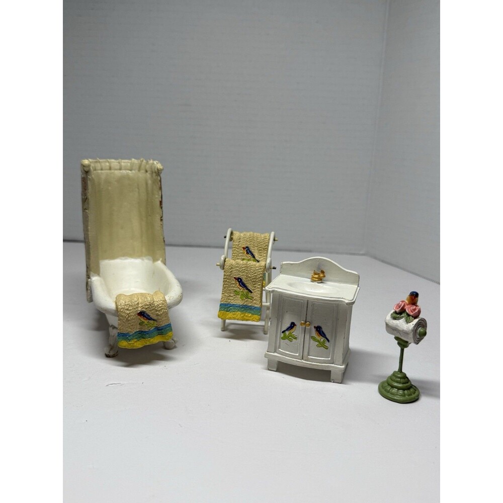 4 Piece Miniature Doll House Bathroom Furniture Blue Bird